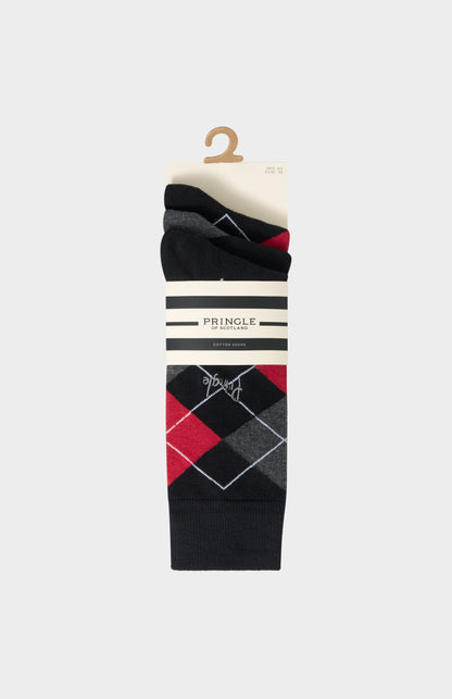 Men’s Argyle Cotton Jacquard Socks in Black, Charcoal & Red