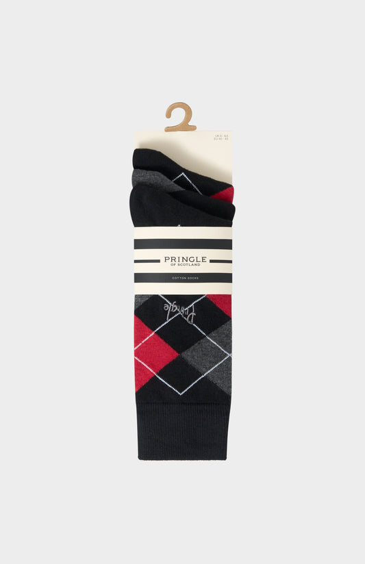 Men’s Argyle Cotton Jacquard Socks in Black, Charcoal & Red