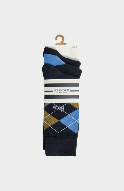 Men’s Argyle Cotton Jacquard Socks in Black, Olive & Blue