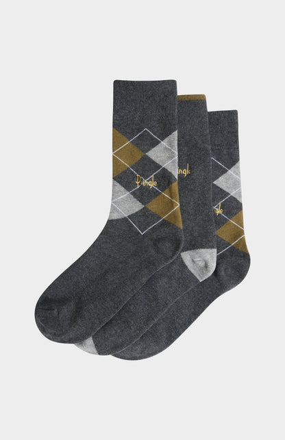 Men’s Argyle Cotton Jacquard Socks in Charcoal, Khaki & Grey