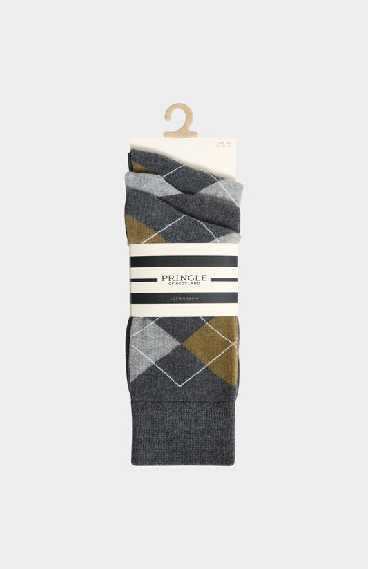Men’s Argyle Cotton Jacquard Socks in Charcoal, Khaki & Grey
