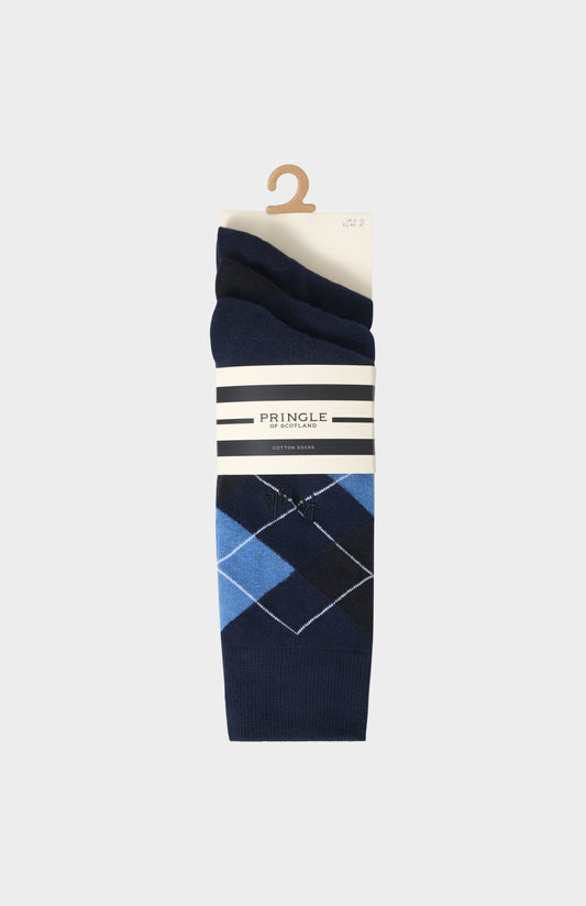 Men’s Argyle Cotton Jacquard Socks in Navy, Blue & Black