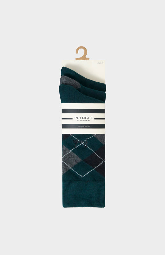 Men’s Argyle Cotton Jacquard Socks in Green, Black & Charcoal