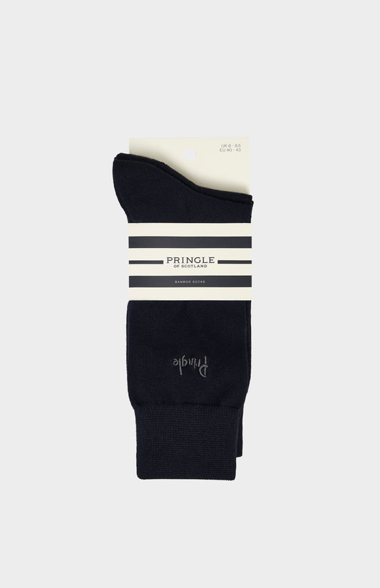 Black socks with Pringle branding on a white background