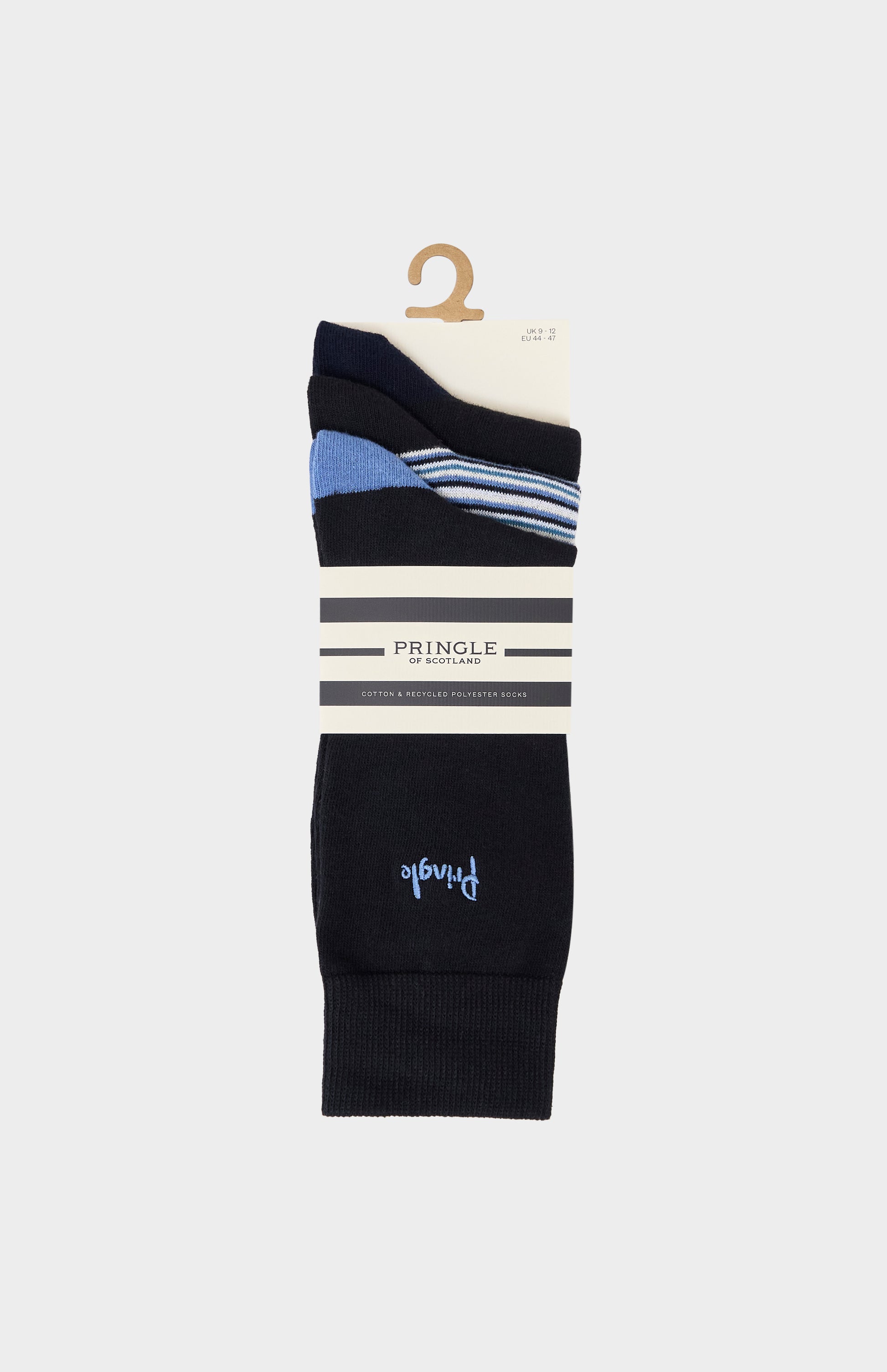 Navy socks with blue accents and pringle embroidery