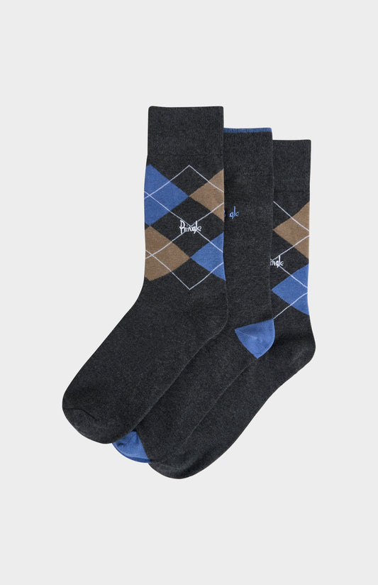 Men’s Argyle Cotton Jacquard Socks in Charcoal, Blue & Camel