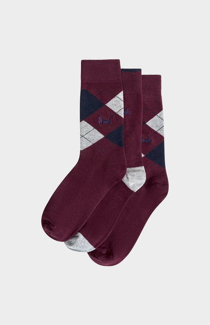 Men’s Argyle Cotton Jacquard Socks in Burgundy, Navy & Grey