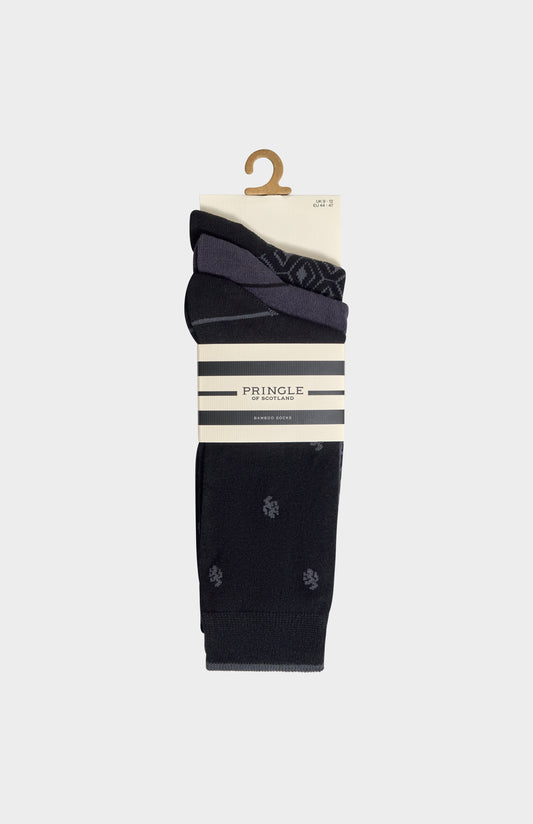 Men’s Black Bamboo Lion / Diamond / Stripe Jacquard Socks