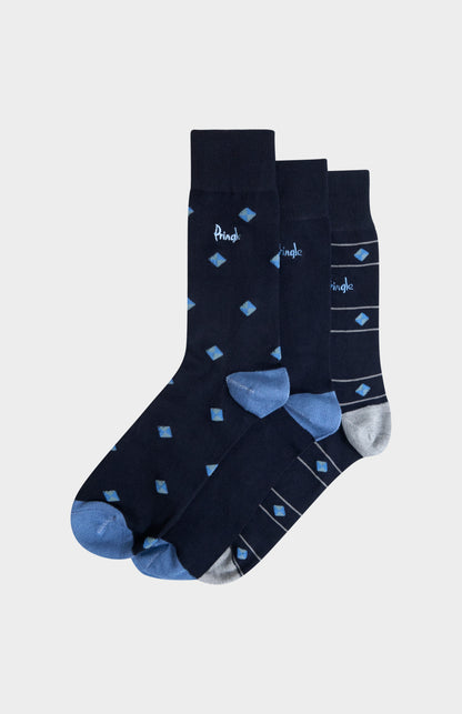 Men’s Multi Blue Bamboo Jacquard Socks with Square Diamond Pattern