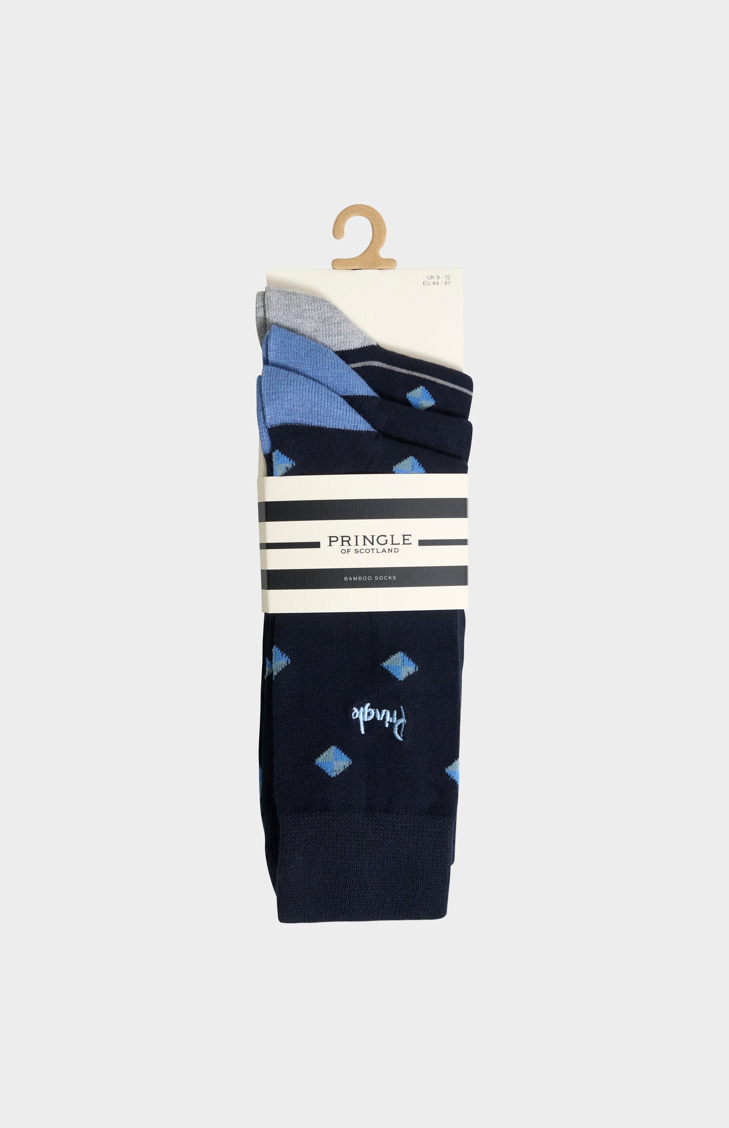 Men’s Multi Blue Bamboo Jacquard Socks with Square Diamond Pattern