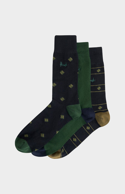 Men’s Multi Green Bamboo Jacquard Socks with Square Diamond Pattern