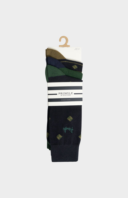 Men’s Multi Green Bamboo Jacquard Socks with Square Diamond Pattern