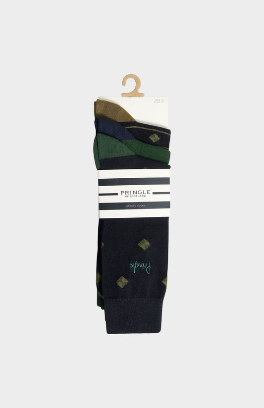 Men’s Multi Green Bamboo Jacquard Socks with Square Diamond Pattern
