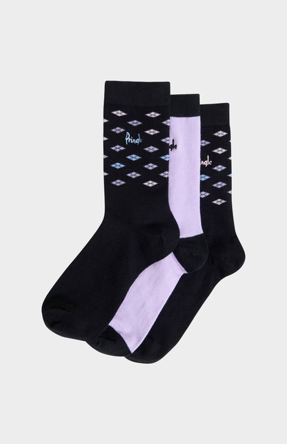 Women’s Black & Lilac Cotton Jacquard Socks with Square Diamond Pattern