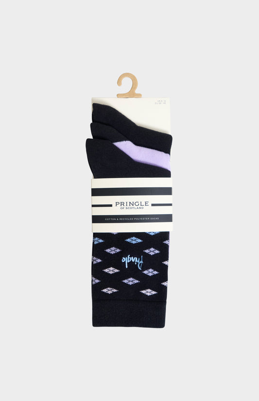 Women’s Black & Lilac Cotton Jacquard Socks with Square Diamond Pattern