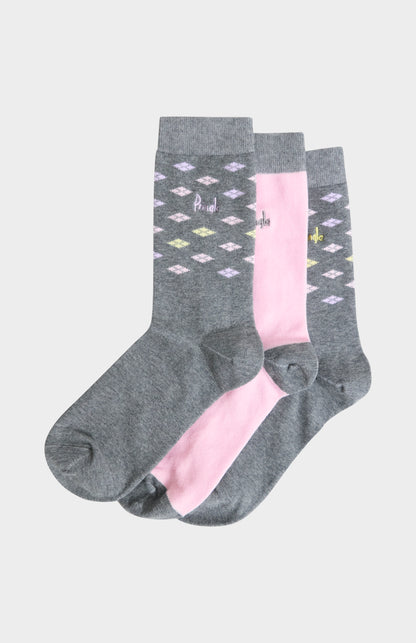 Women’s Grey & Pink Cotton Jacquard Socks with Square Diamond Pattern