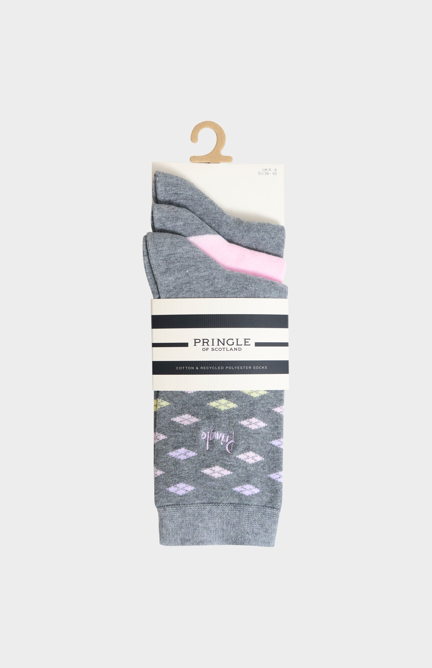 Women’s Grey & Pink Cotton Jacquard Socks with Square Diamond Pattern
