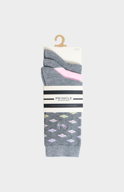 Women’s Grey & Pink Cotton Jacquard Socks with Square Diamond Pattern