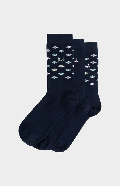 Women’s Navy Cotton Jacquard Socks with Square Diamond Pattern