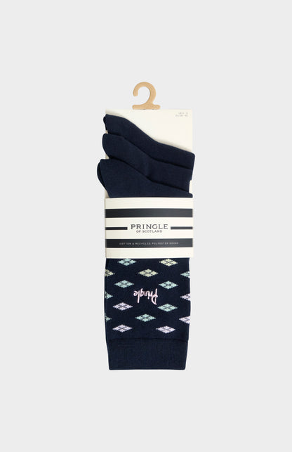 Women’s Navy Cotton Jacquard Socks with Square Diamond Pattern