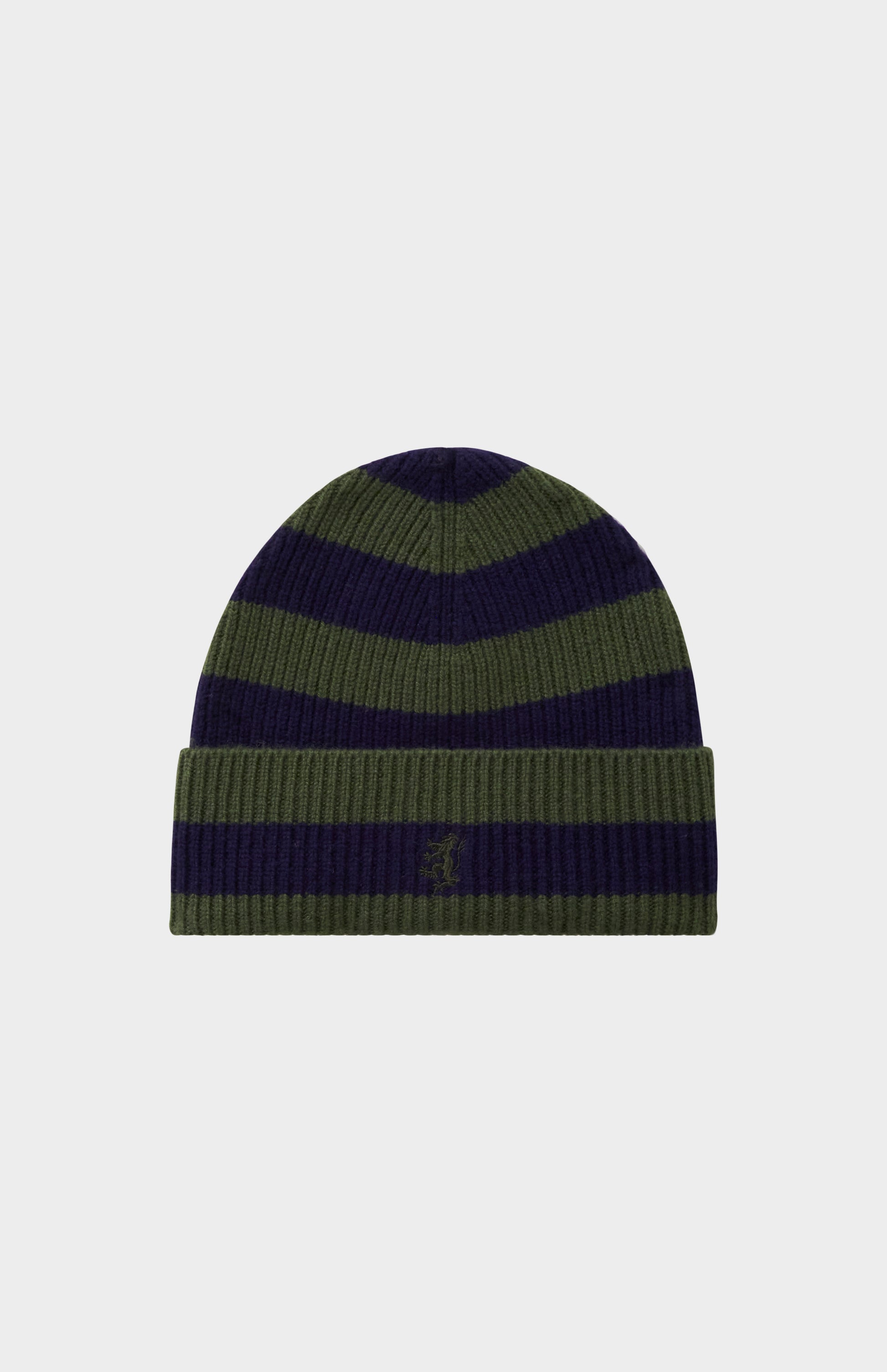 Pringle of Scotland Stripped Rib Cashmere Beanie in Evergreen & Navy