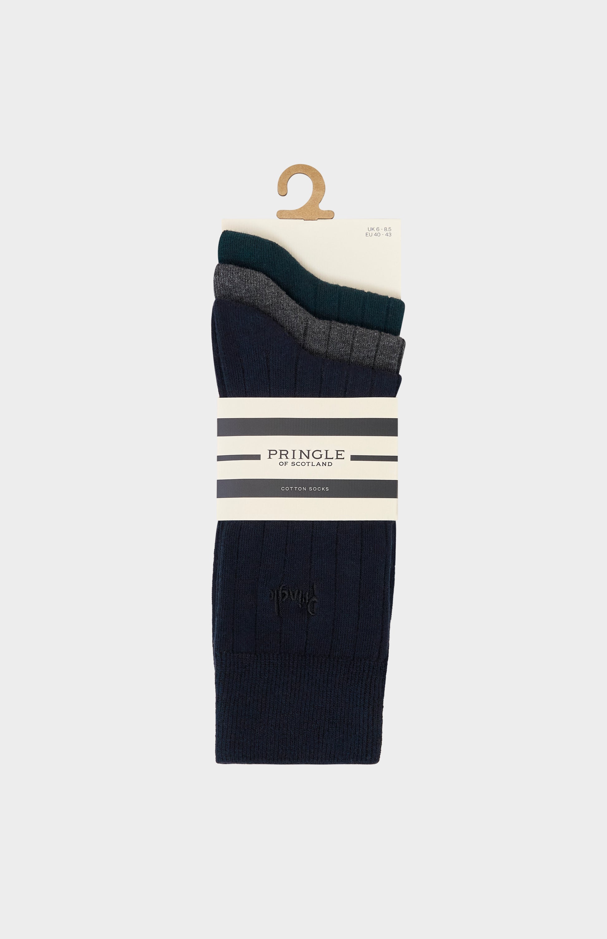 Set of black and gray socks with Pringle branding on a white background