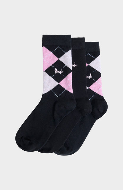 Women’s Argyle Cotton Jacquard Socks in Black, Lilac & Pink