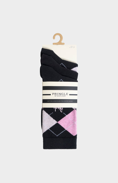 Women’s Argyle Cotton Jacquard Socks in Black, Lilac & Pink
