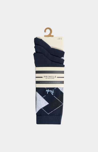 Women’s Argyle Cotton Jacquard Socks in Black, Navy & Light Grey