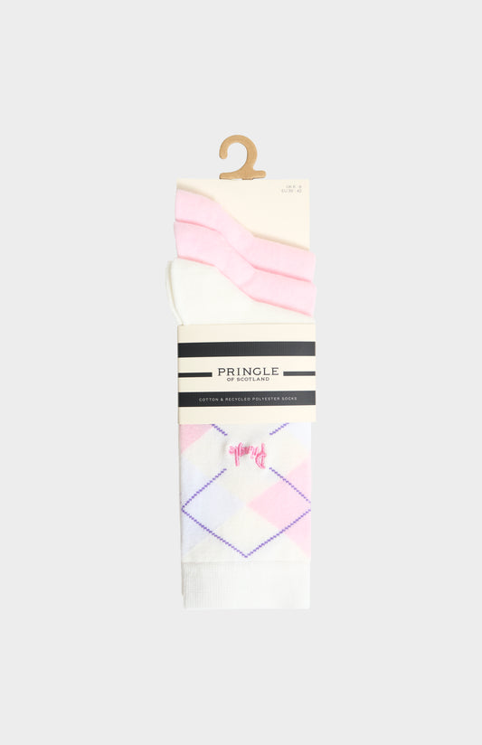 Women’s Argyle Cotton Jacquard Socks in Ecru, Pink & White