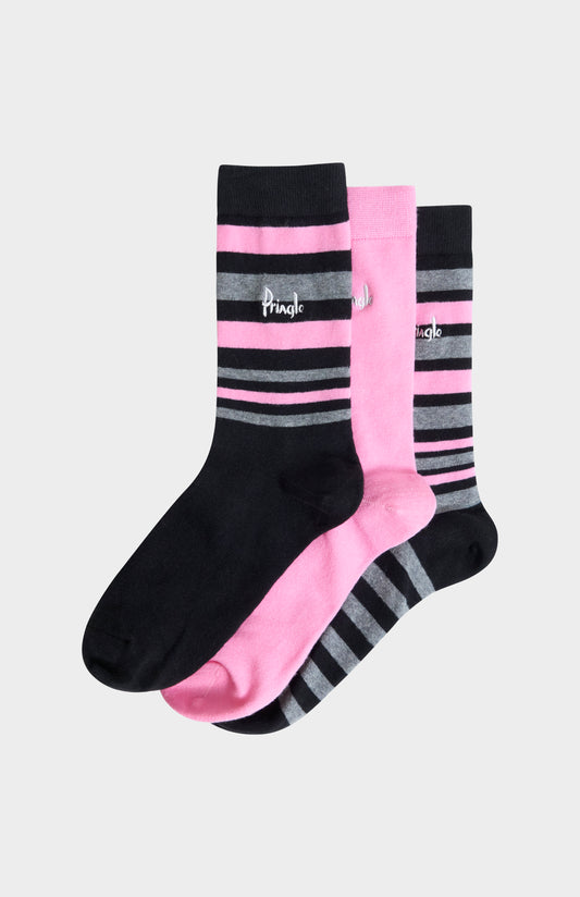 Women’s Cotton Stripe Socks in Black, Grey & Pink