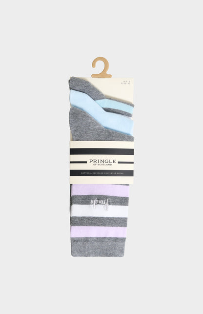 Women’s Cotton Stripe Socks in Grey, Blue, Lilac & White