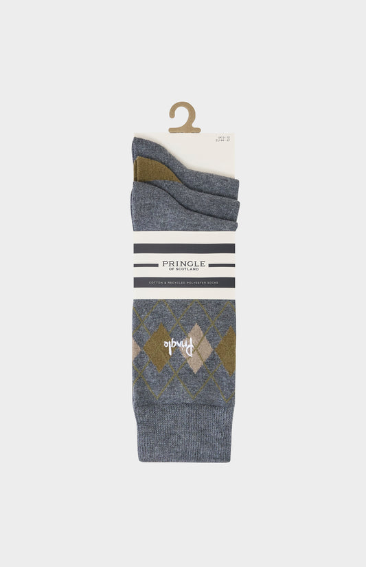 Grey socks with argyle patterns on a white background, featuring the Pringle brand.