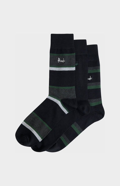 Men’s Bamboo Jacquard Stripe Socks in Black, Charcoal & Green
