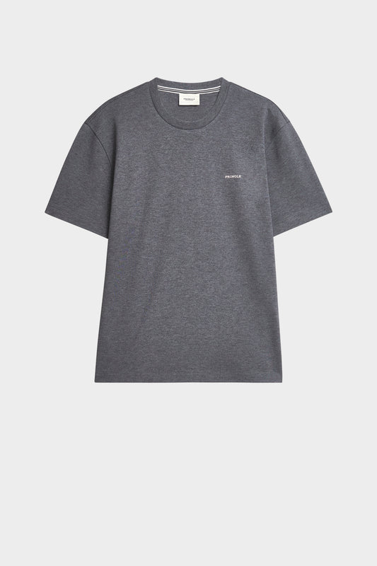 Dark gray t-shirt with a small white logo on a light gray background