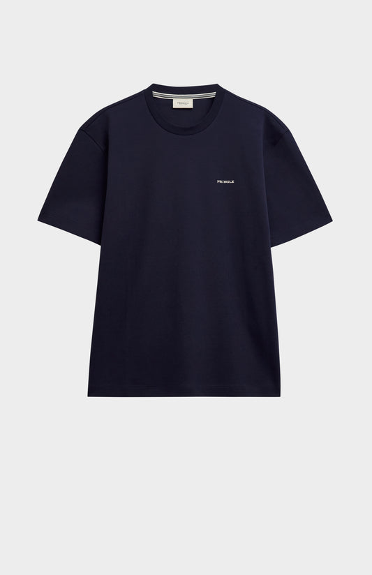 Navy blue t-shirt with a small white logo on a light gray background