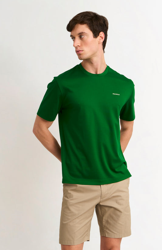 Man wearing a green t-shirt and beige shorts on a white background