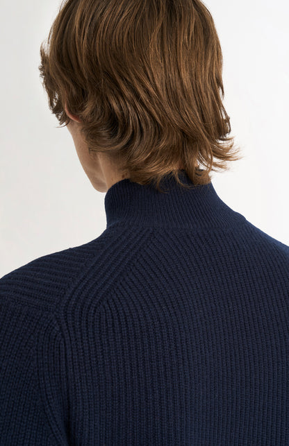 Men's Mock Neck Rib Cashmere Jumper In Navy Blue