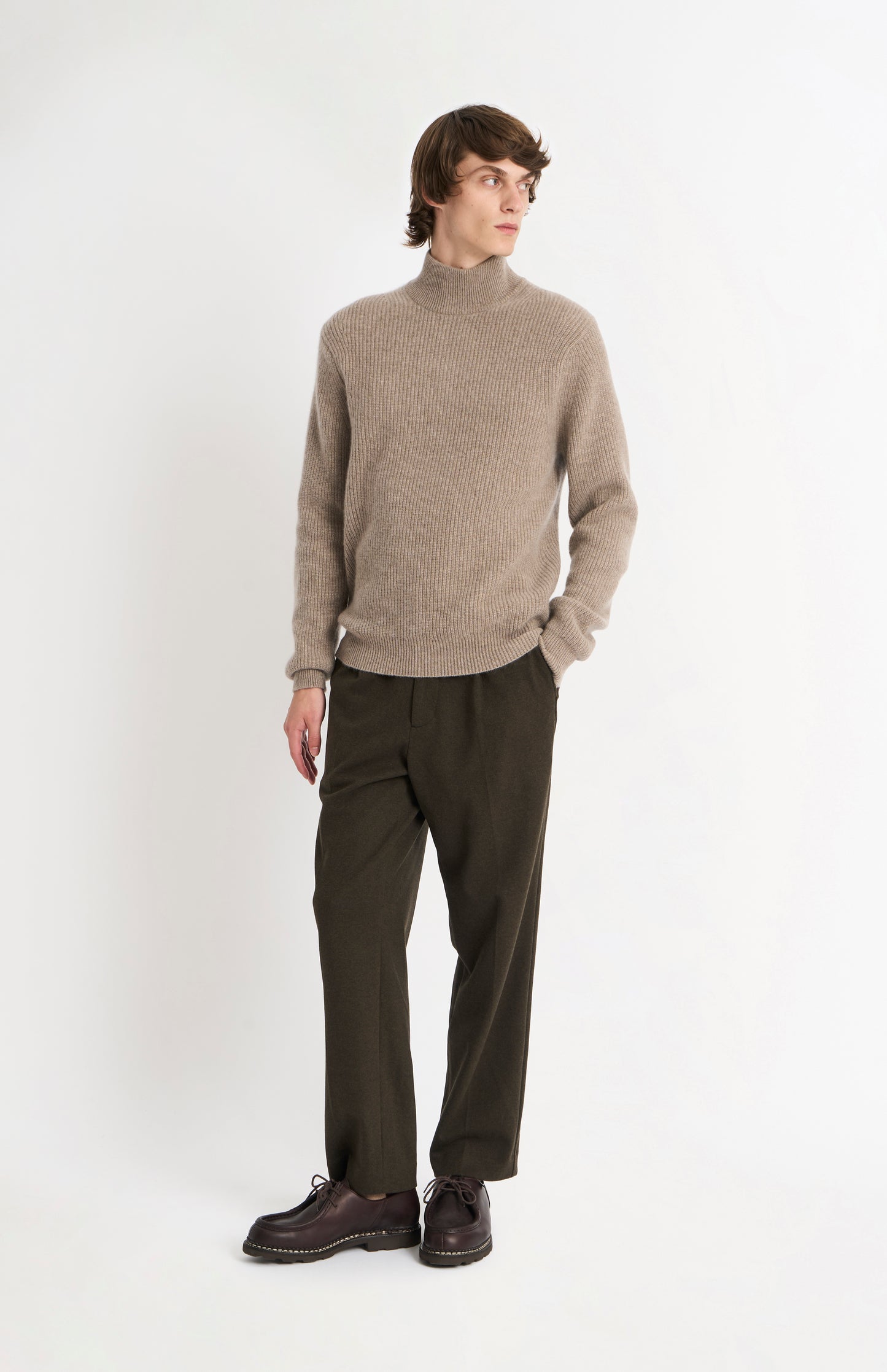Men's mock Neck Rib Cashmere Jumper In Mushroom Melange