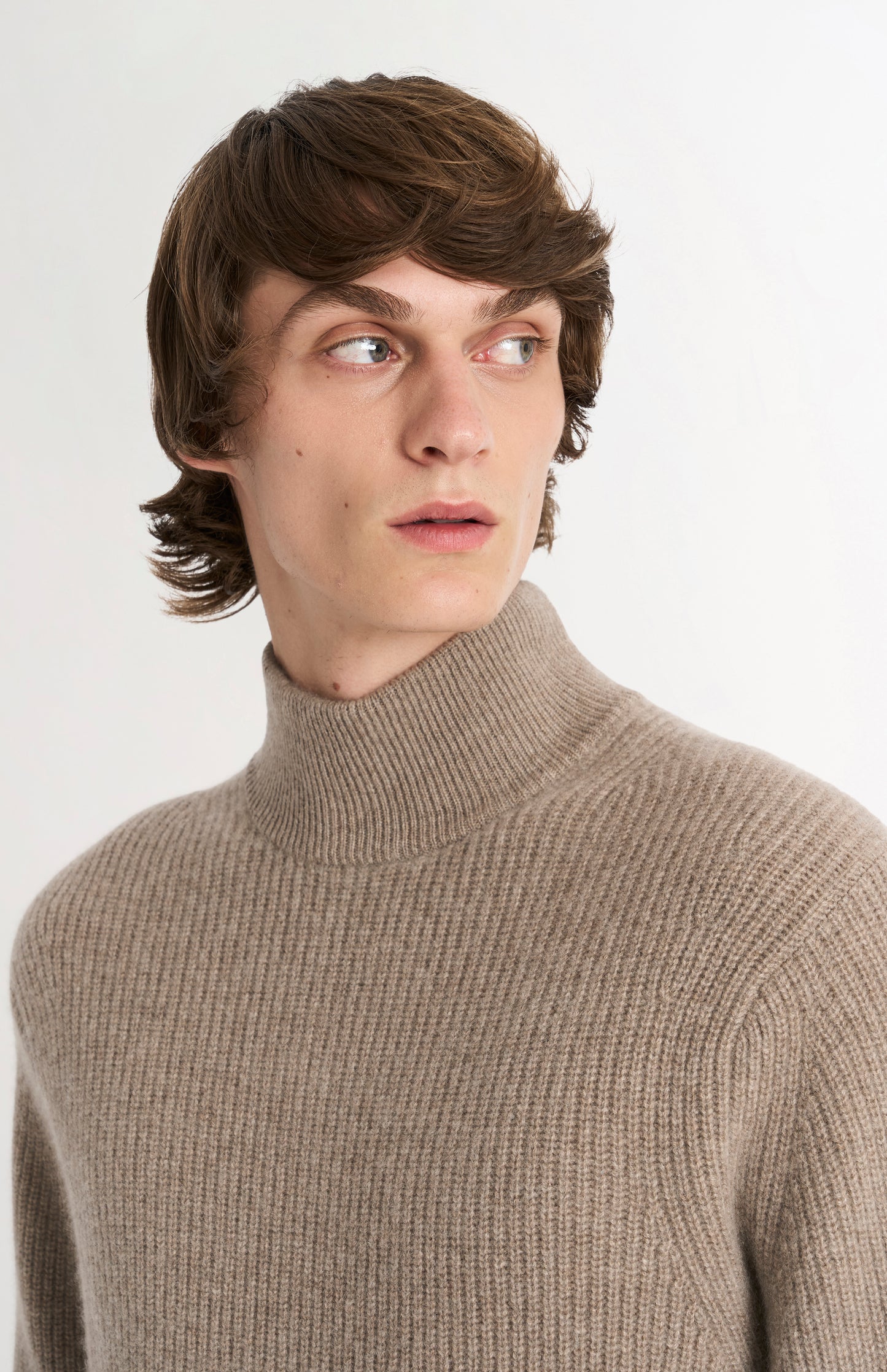 Men's mock Neck Rib Cashmere Jumper In Mushroom Melange