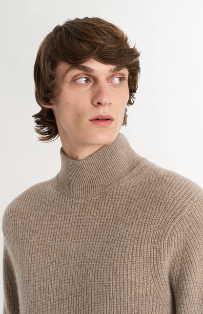 Men's mock Neck Rib Cashmere Jumper In Mushroom Melange