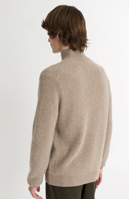 Men's mock Neck Rib Cashmere Jumper In Mushroom Melange