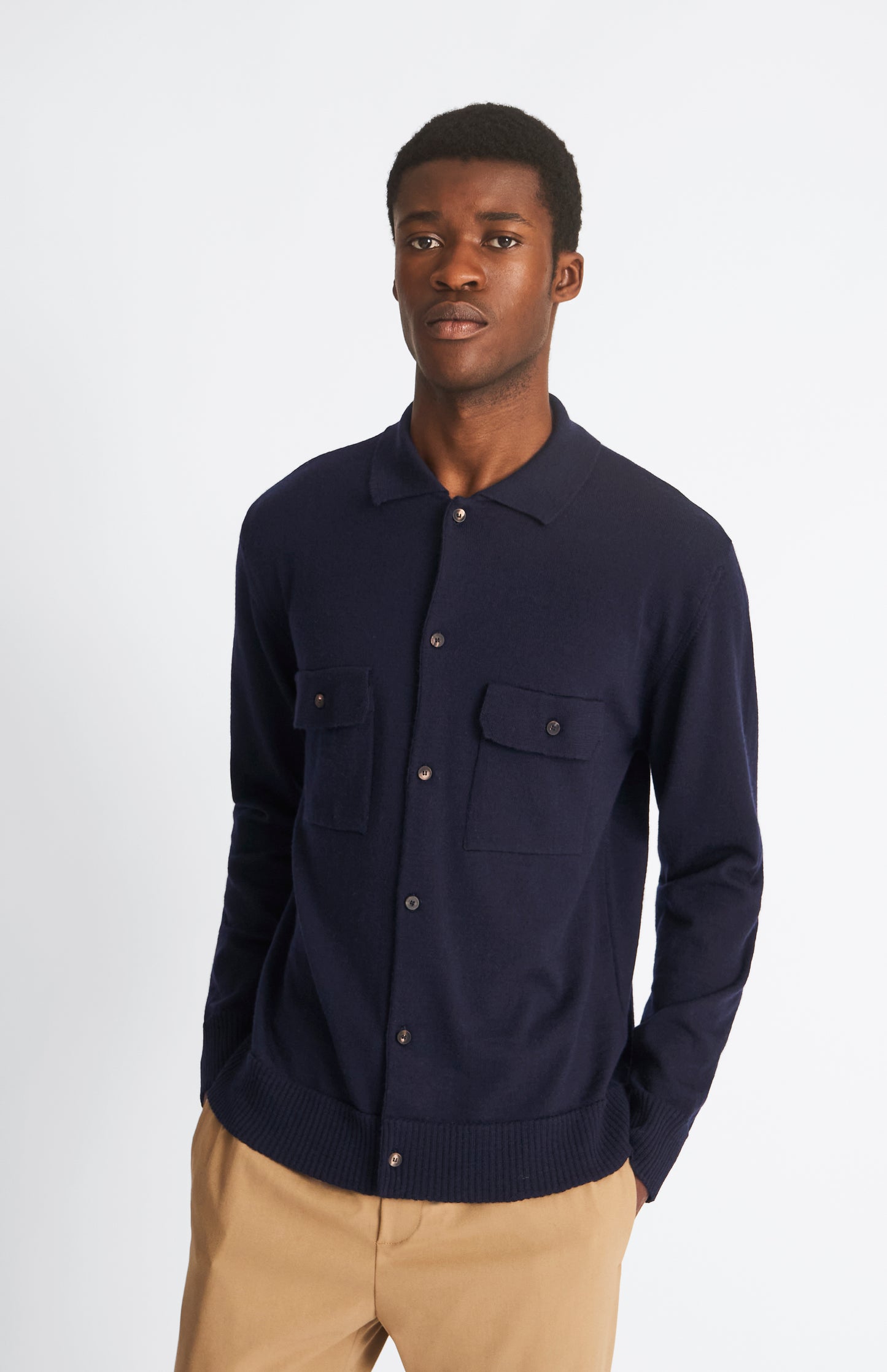 Pringle of Scotland Fine Merino Knitted Overshirt in Navy on model