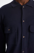 Pringle of Scotland Fine Merino Knitted Overshirt in Navy showing poicket detail