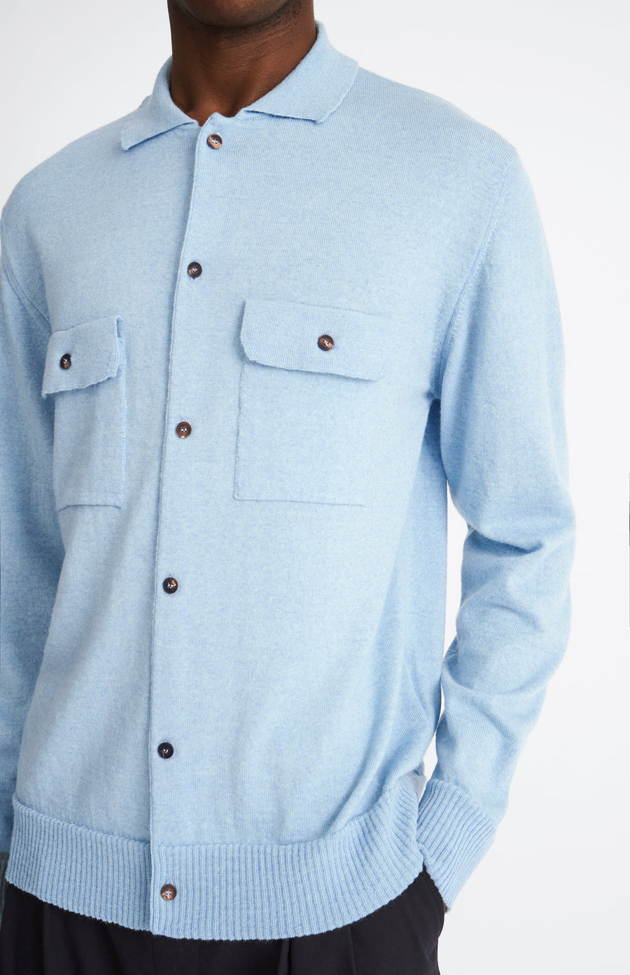 Pringle of Scotland Fine Merino Knitted Overshirt in Blue Smoke showing button and pocket detail