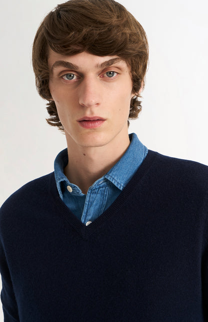 Men's Classic V-neck Cashmere Jumper In Navy Blue