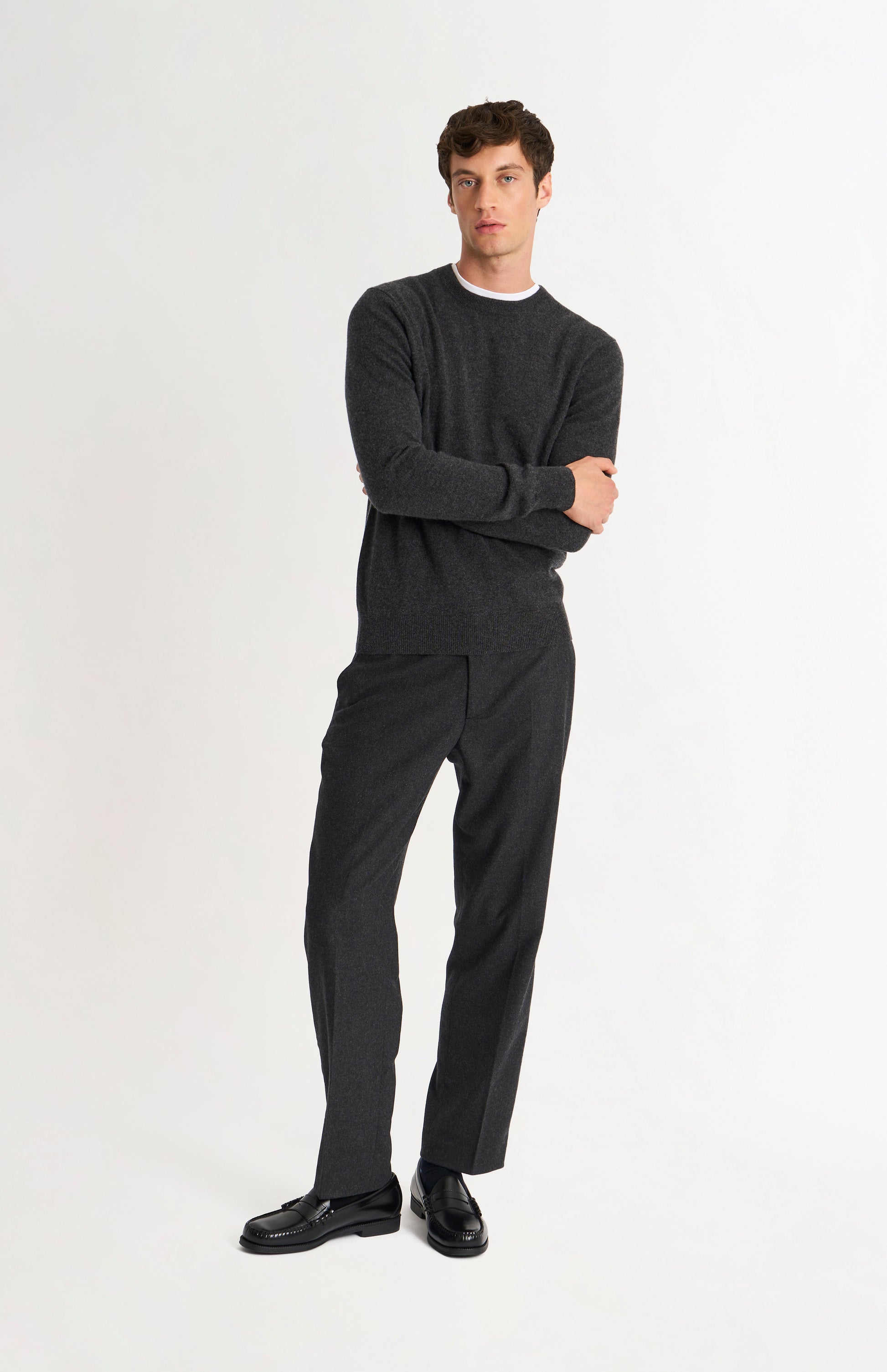 Pringle Men’s Cashmere Crew Neck Jumper In Charcoal Melange on model full length