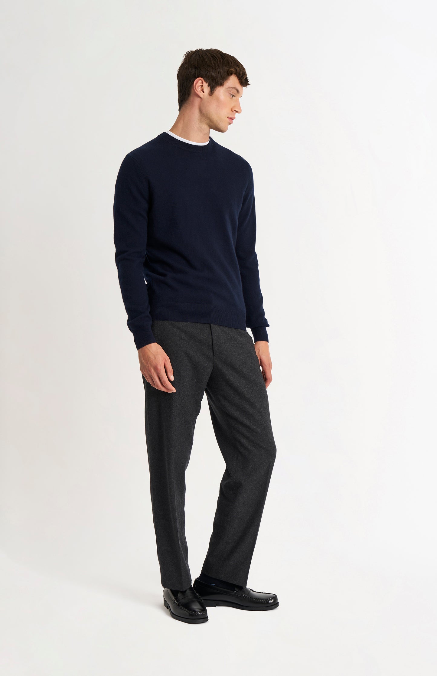 Pringle of Scotland Men’s Cashmere Crew Neck Jumper In Navy Blue on model full length