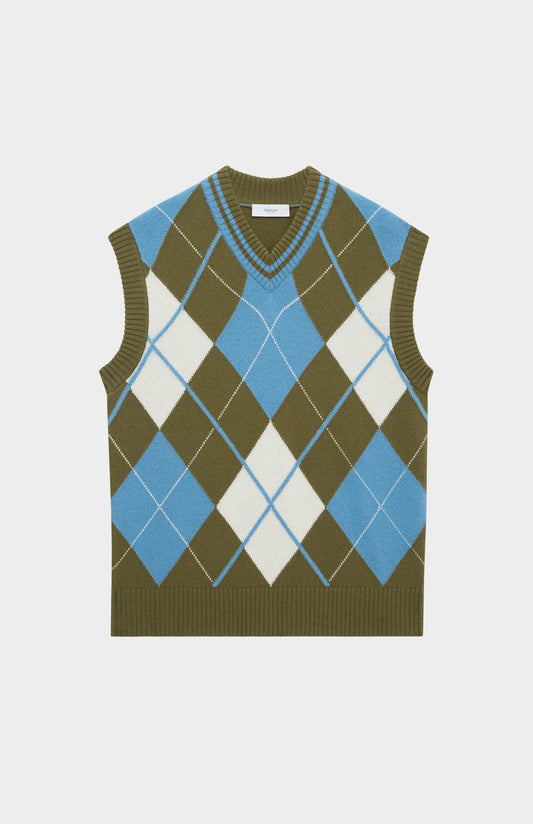 Pringle Lambswool Argyle V Neck Vest in Royal Blue & Mineral Green