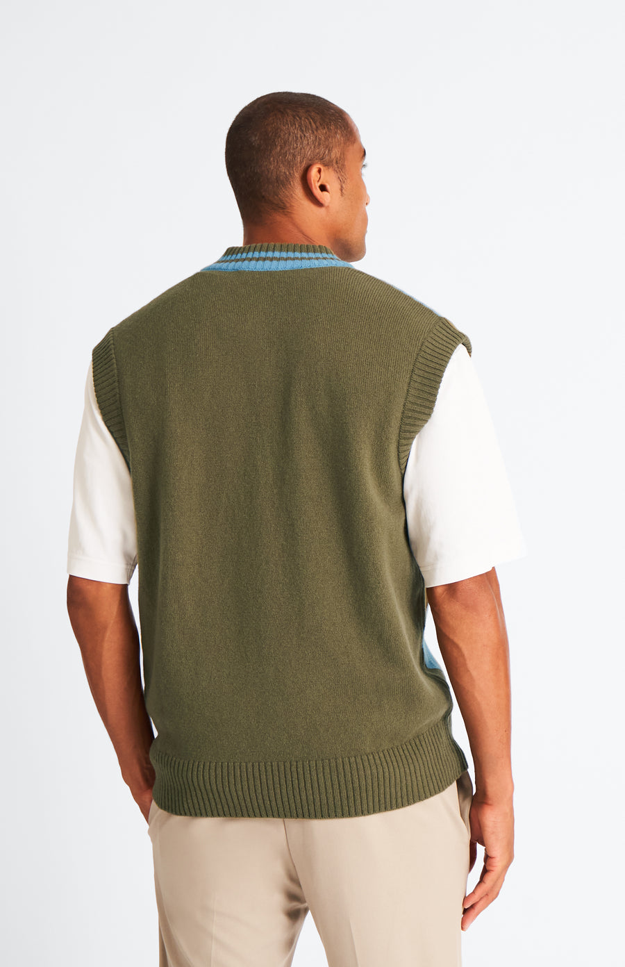 Pringle Lambswool Argyle V Neck Vest in Royal Blue & Mineral Green rear view